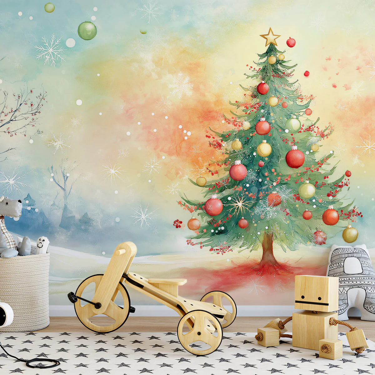 Winter Forest Christmas Tree Mural Wallpaper — Watercolor Scene Mural Wallpaper - pure wallpaper artwork