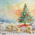 Winter Forest Christmas Tree Mural Wallpaper — Watercolor Scene Mural Wallpaper - pure wallpaper artwork