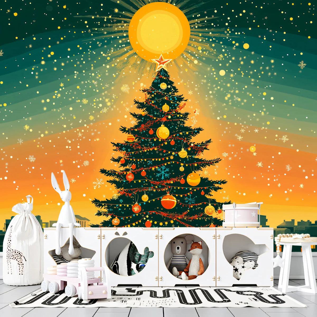 Radiant Holiday City Mural Wallpaper — Festive Warmth Mural Wallpaper - pure wallpaper artwork