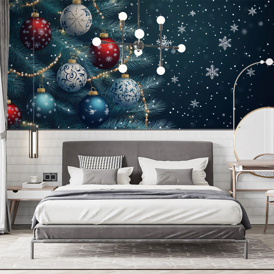 Winter Festive Pine Mural Wallpaper — Holiday Ornament Design Mural Wallpaper