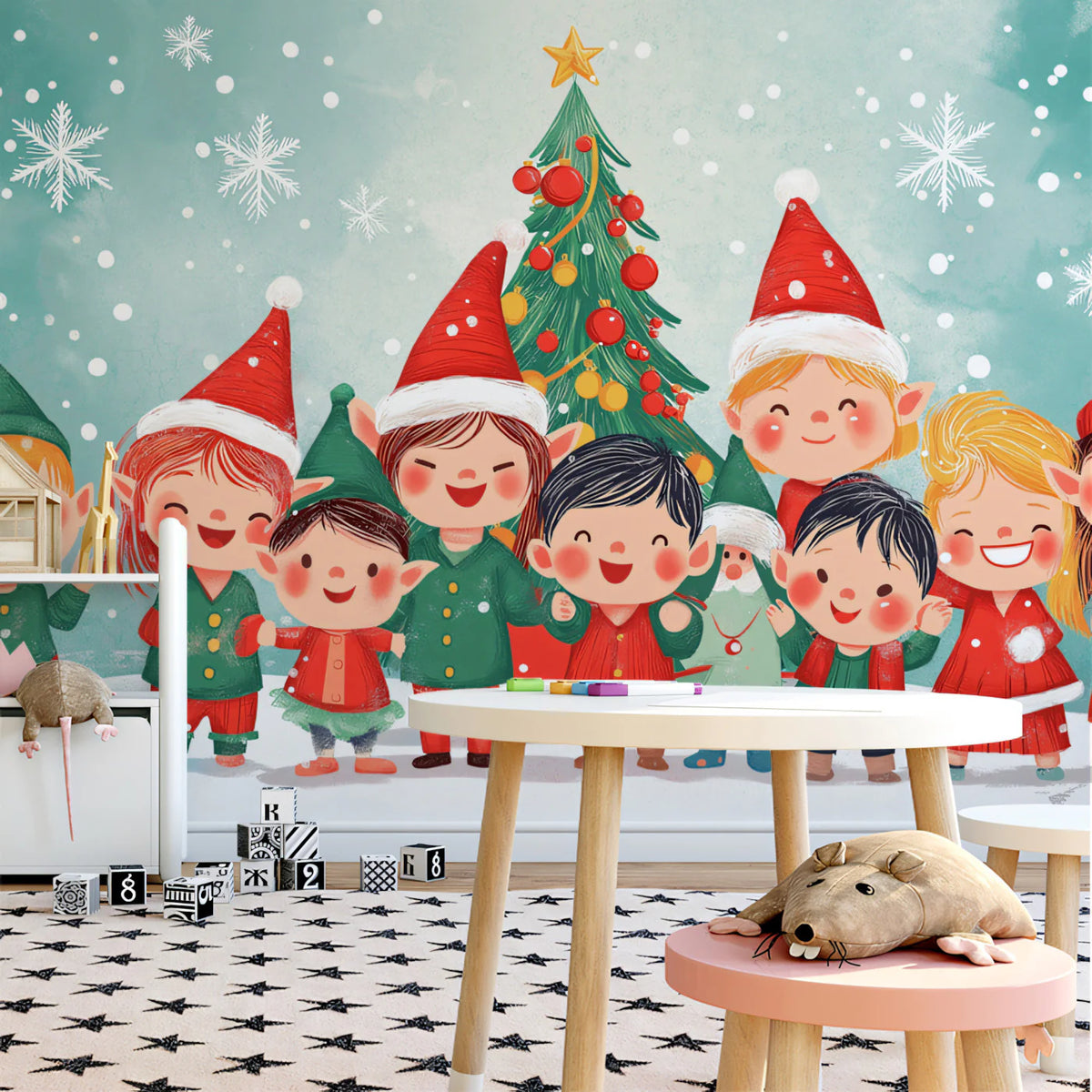 Christmas Elves Gathering Mural Wallpaper — Whimsical Holiday Scene Mural Wallpaper - pure wallpaper artwork