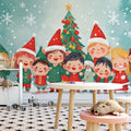 Christmas Elves Gathering Mural Wallpaper — Whimsical Holiday Scene Mural Wallpaper - pure wallpaper artwork
