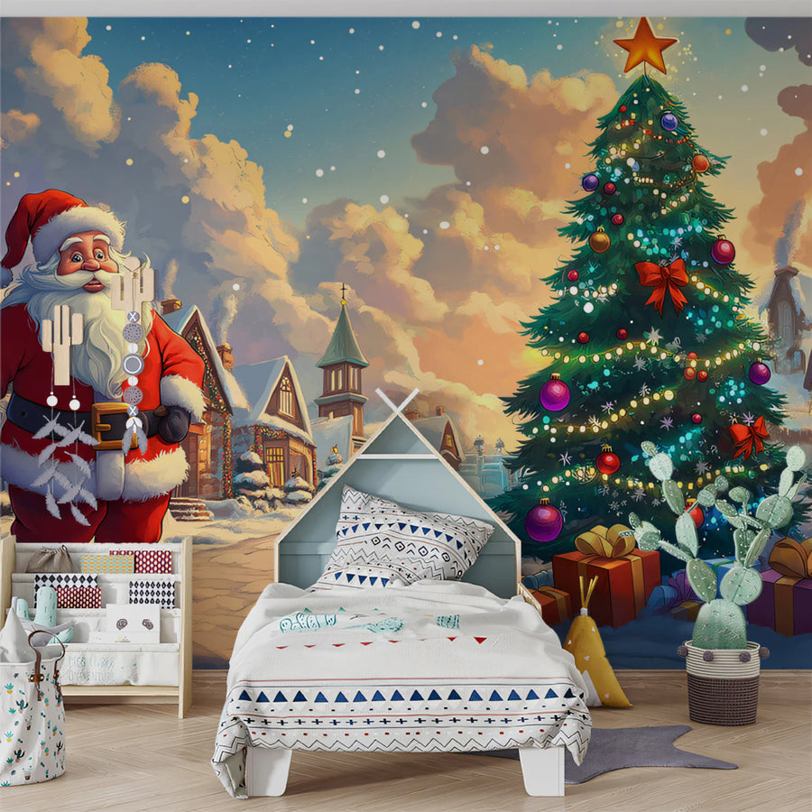 Winter Village Christmas Eve Mural Wallpaper — Whimsical Holiday Art Mural Wallpaper