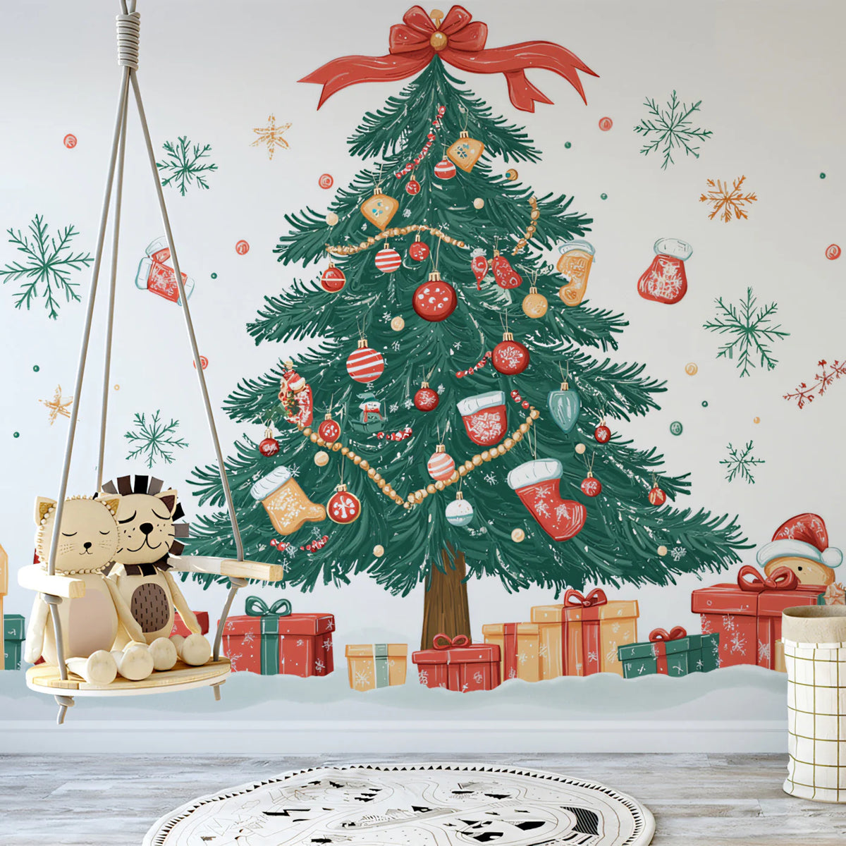 Christmas Tree and Teddy Bear Mural Wallpaper — Whimsical Holiday Mural Wallpaper - pure wallpaper artwork