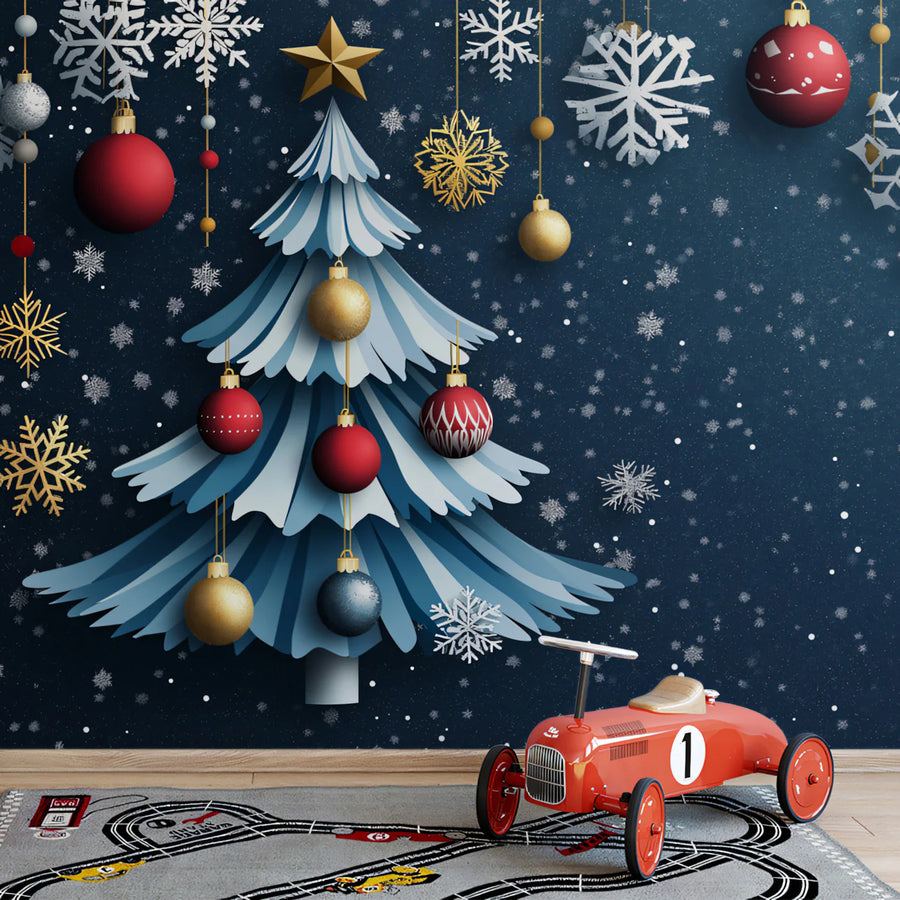 Papercraft Christmas Tree Mural Wallpaper — Festive Holiday Style Mural Wallpaper