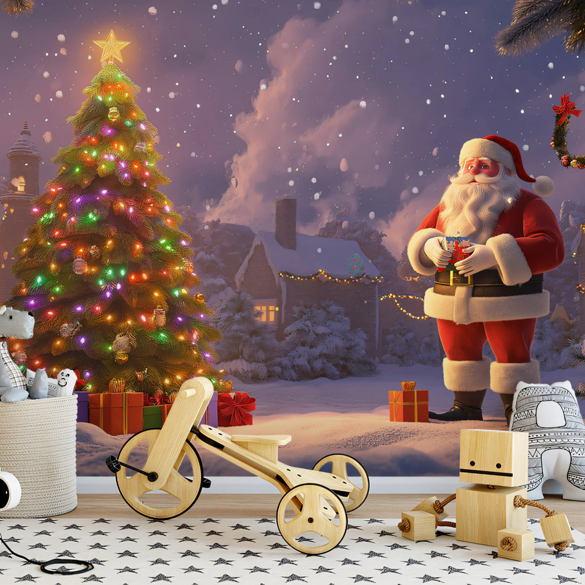 Christmas Eve Village Scene Mural Wallpaper — Whimsical Storybook Art Mural Wallpaper - pure wallpaper artwork