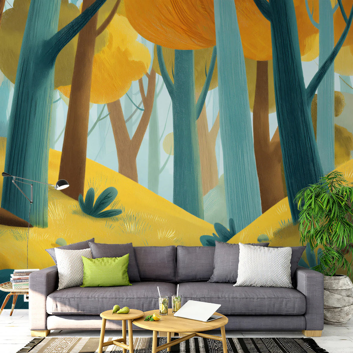 Stylized Autumn Forest Mural Wallpaper — Teal and Ochre Woods Mural Wallpaper - pure wallpaper artwork