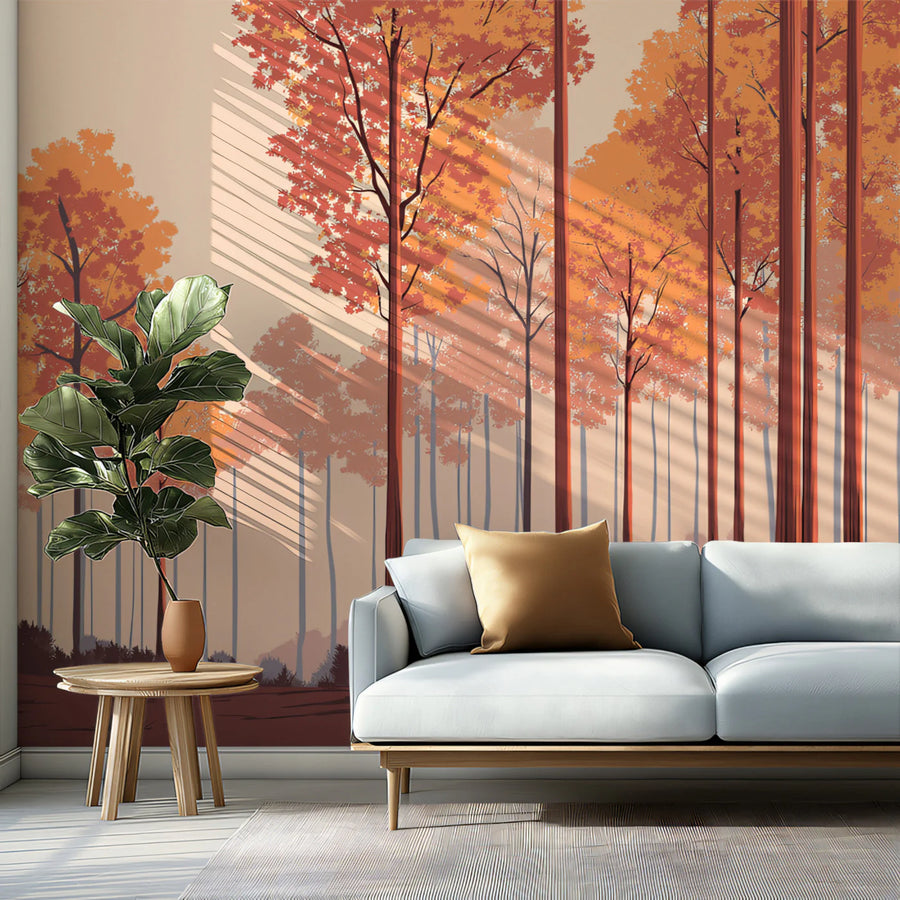 Autumn Woodland Mural Wallpaper — Warm Clay and Golden Forest Mural Wallpaper