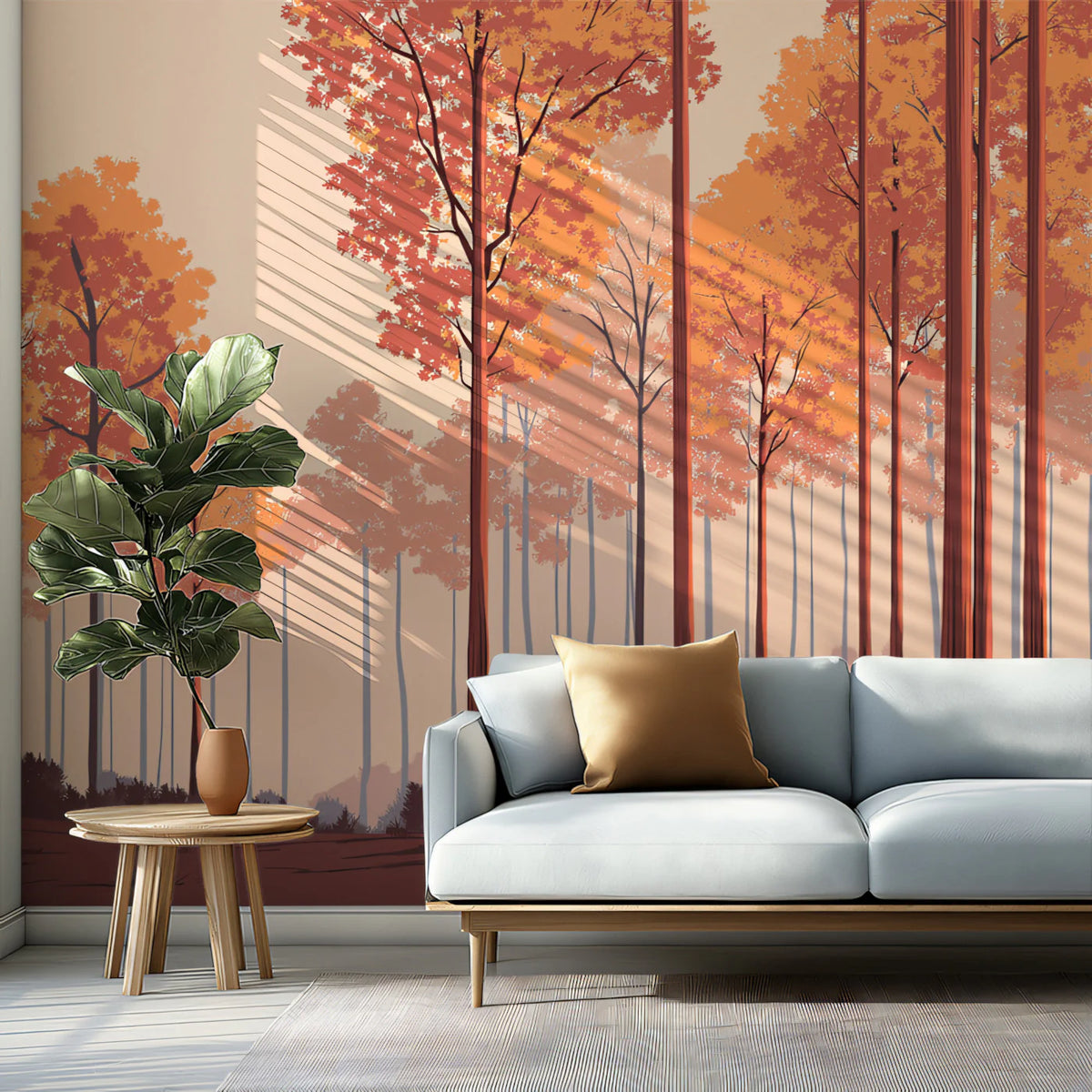Autumn Woodland Mural Wallpaper — Warm Clay and Golden Forest Mural Wallpaper - pure wallpaper artwork