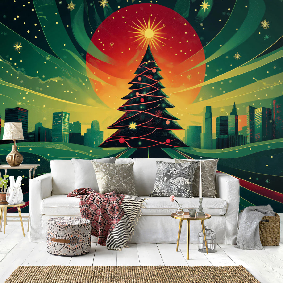 Holiday City Road Mural Wallpaper — Festive Skyline Design Mural Wallpaper - pure wallpaper artwork