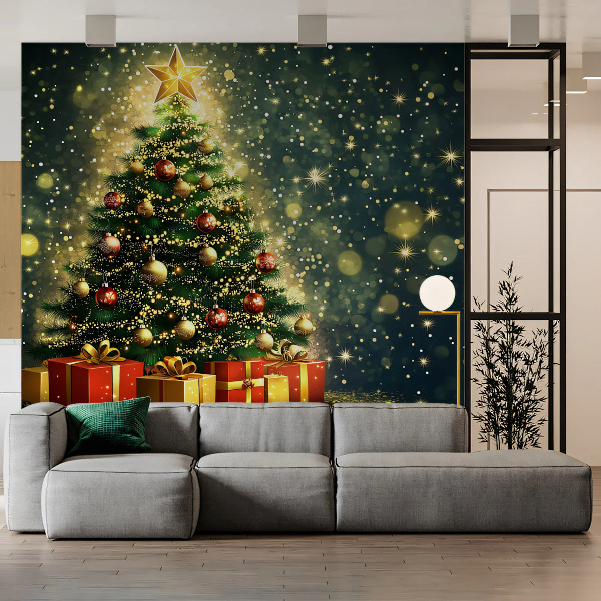 Glistening Christmas Tree Mural Wallpaper with Golden Bokeh Mural Wallpaper - pure wallpaper artwork