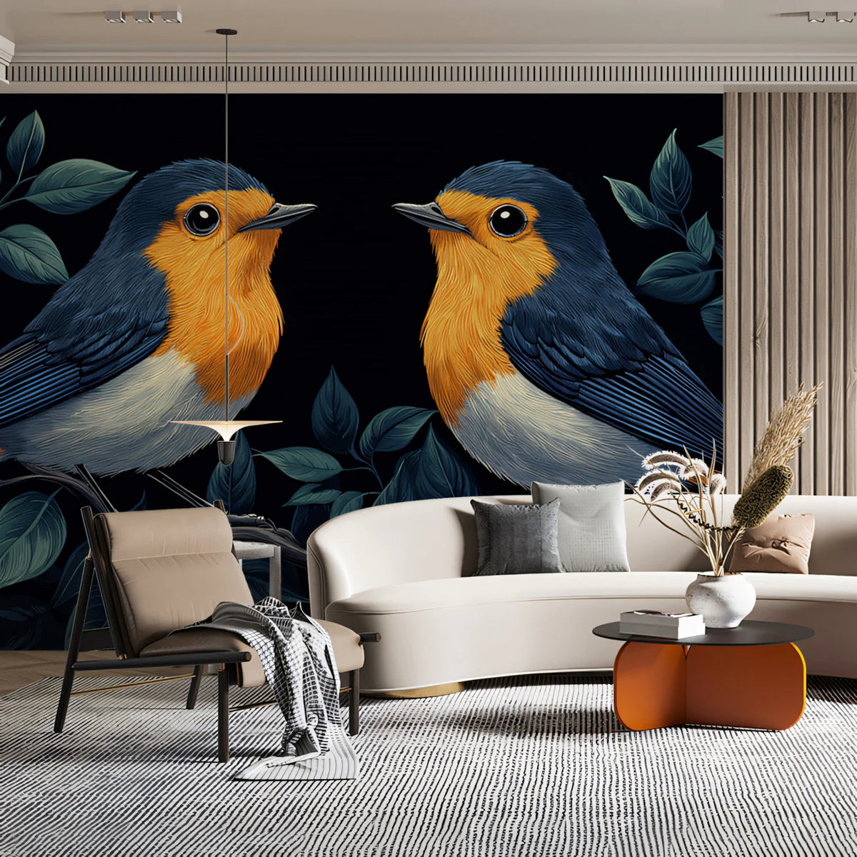 Midnight Songbird Mural Wallpaper — Bold Botanical Art Mural Wallpaper - pure wallpaper artwork