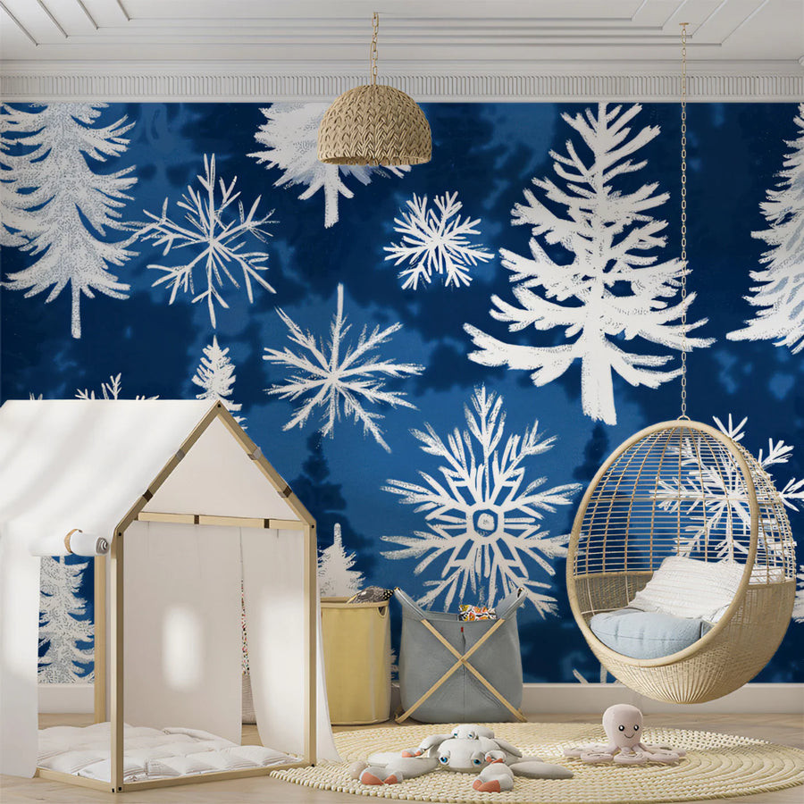 Winter Forest Mural Wallpaper —Nordic Blue and White Trees Mural Wallpaper