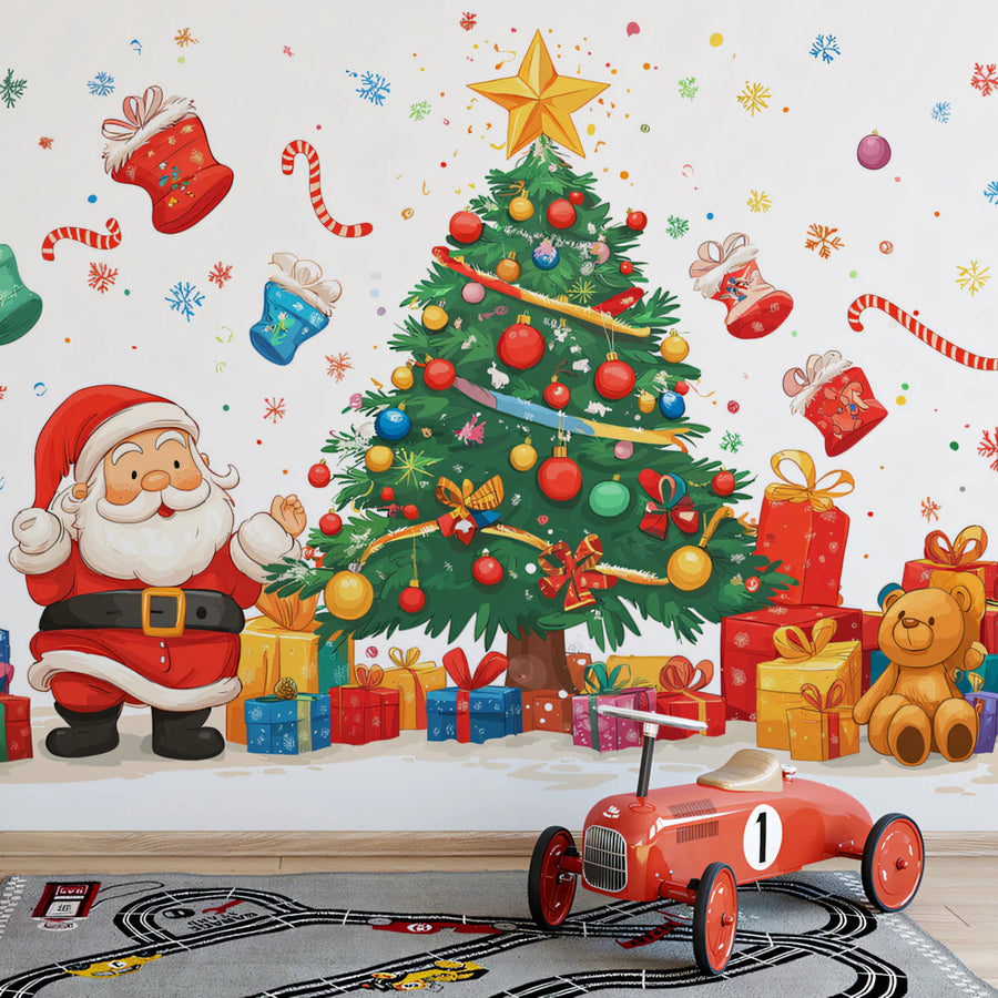 Santa's Arrival Watercolor Mural Wallpaper — Whimsical Holiday Scene Mural Wallpaper