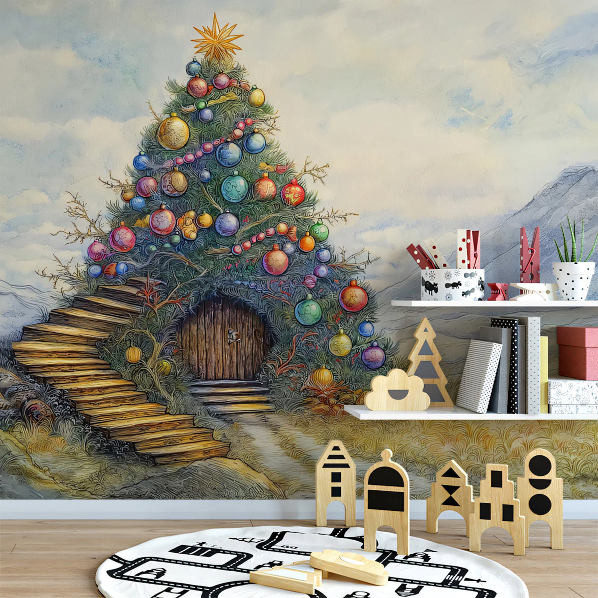Holiday Hill Home Mural Wallpaper — Whimsical Fantasy Illustration Mural Wallpaper - pure wallpaper artwork