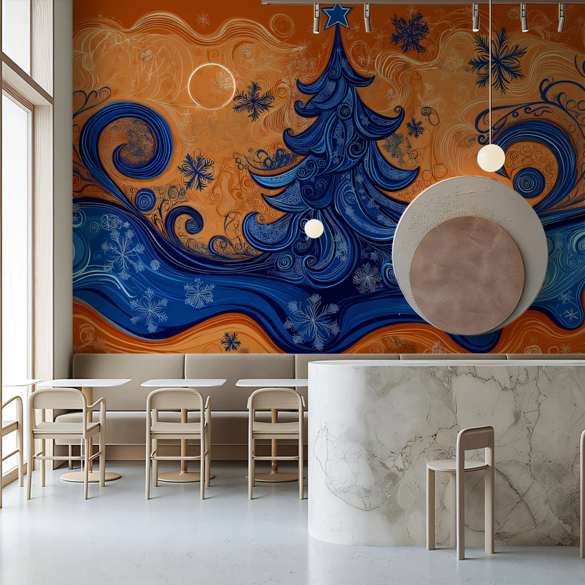 Art Nouveau Holiday Swirl Mural Wallpaper in Blue and Orange Mural Wallpaper - pure wallpaper artwork