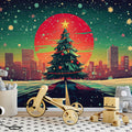Snowy City Christmas Tree Mural Wallpaper — Festive Festive Mural Mural Wallpaper - pure wallpaper artwork