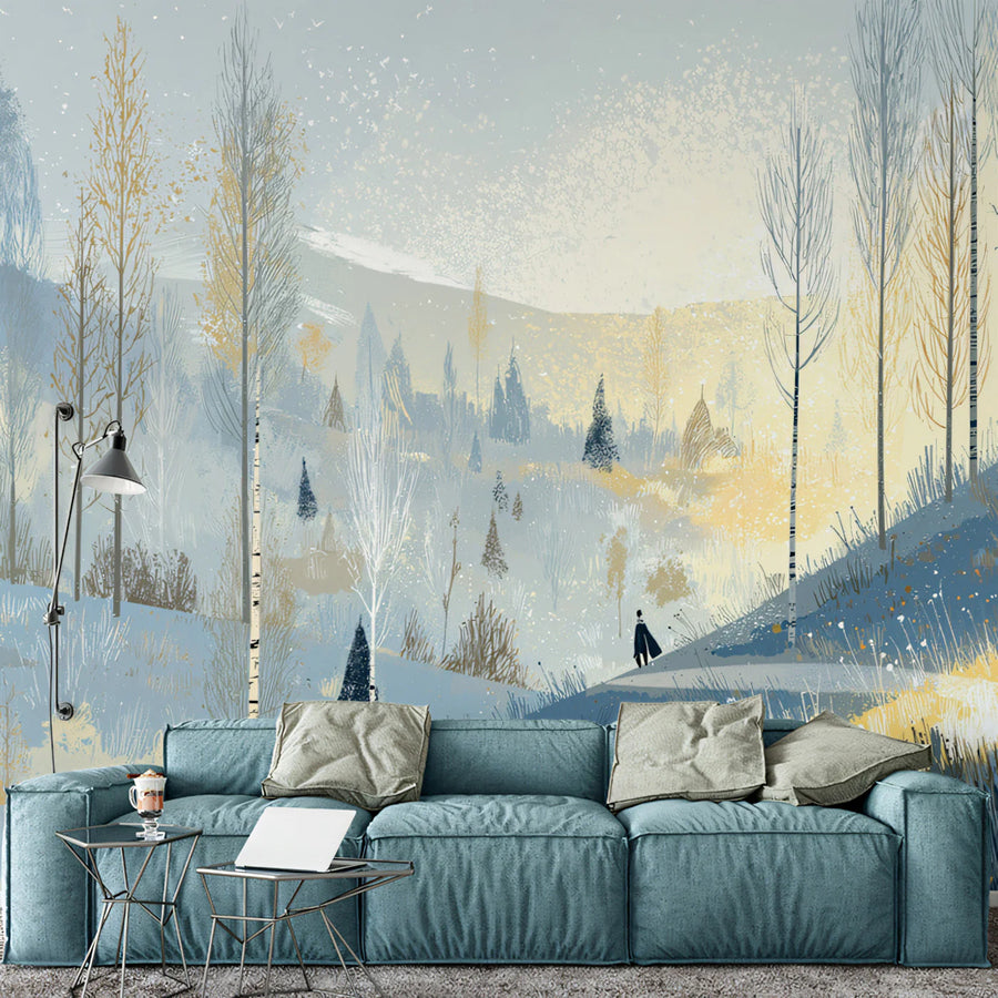 Winter Journey Mural Wallpaper — Painterly Landscape Illustration Mural Wallpaper