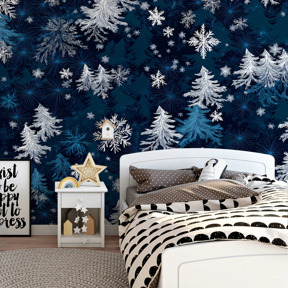 Midnight Pine and Snowflake Mural Wallpaper — Winter Forest Mural Wallpaper - pure wallpaper artwork