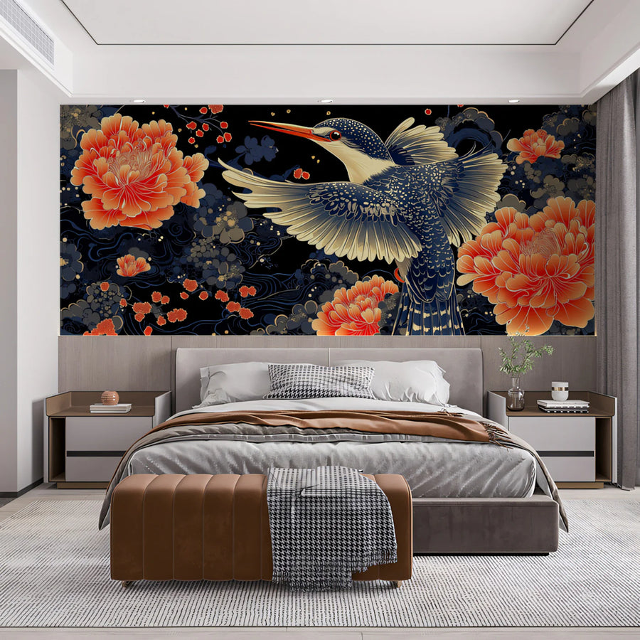 Kingfisher and Peony Floral Mural Wallpaper in Indigo and Coral Mural Wallpaper