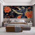 Kingfisher and Peony Floral Mural Wallpaper in Indigo and Coral Mural Wallpaper - pure wallpaper artwork