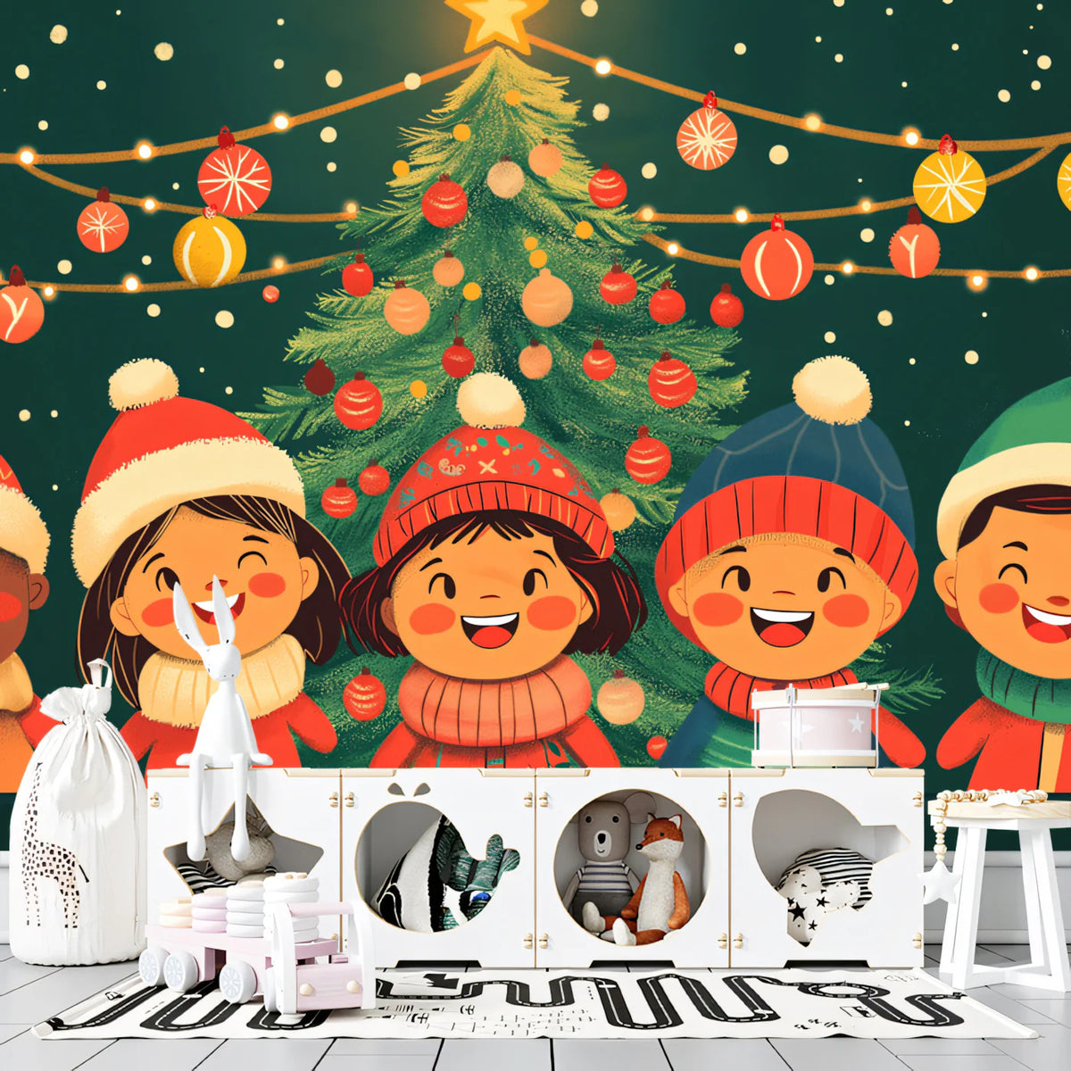 Winter Carolers Mural Wallpaper — Whimsical Holiday Scene Mural Wallpaper - pure wallpaper artwork