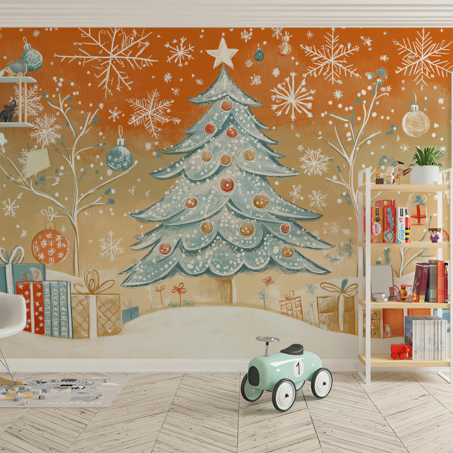 Retro Holiday Sketch Mural Wallpaper — Whimsical Winter Scene Mural Wallpaper