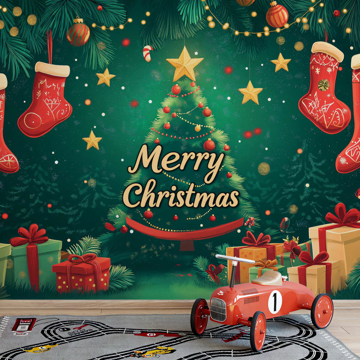 Merry Christmas Tree Mural Wallpaper — Festive Holiday Decor Mural Wallpaper - pure wallpaper artwork