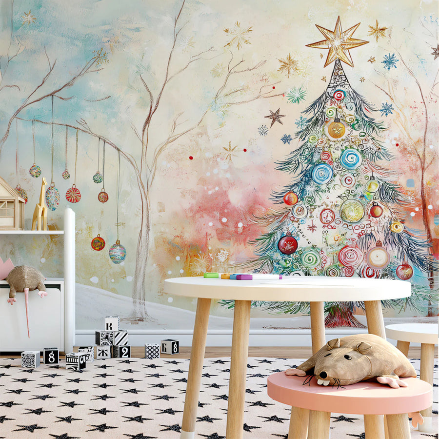 Whimsical Winter Holiday Mural Wallpaper — Festive Artistic Scene Mural Wallpaper