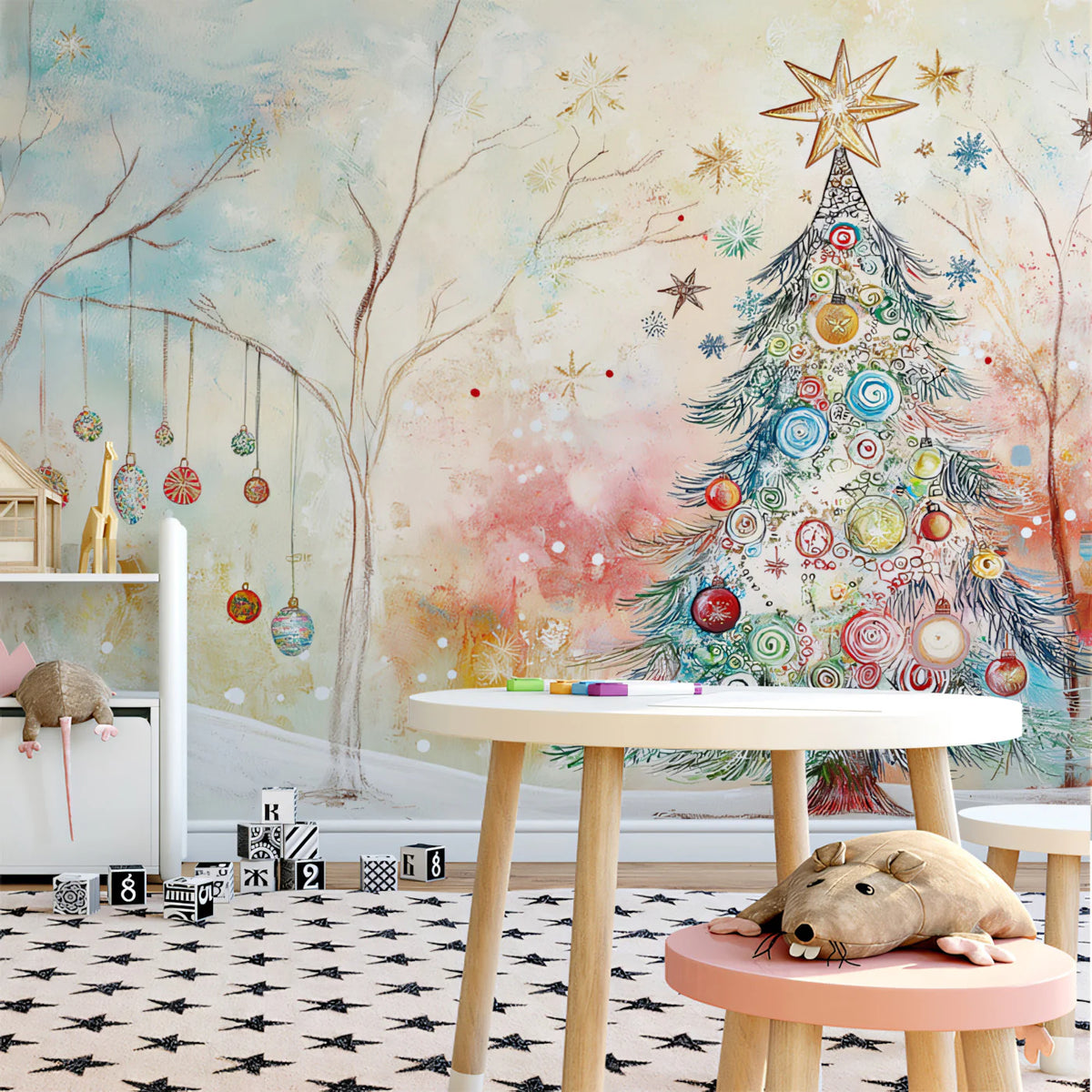 Whimsical Winter Holiday Mural Wallpaper — Festive Artistic Scene Mural Wallpaper - pure wallpaper artwork