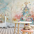 Whimsical Winter Holiday Mural Wallpaper — Festive Artistic Scene Mural Wallpaper - pure wallpaper artwork