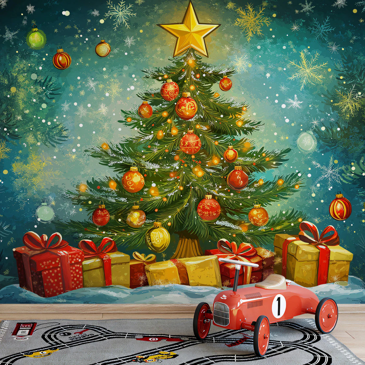 Storybook Christmas Pine Mural Wallpaper — Whimsical Holiday Scene Mural Wallpaper - pure wallpaper artwork