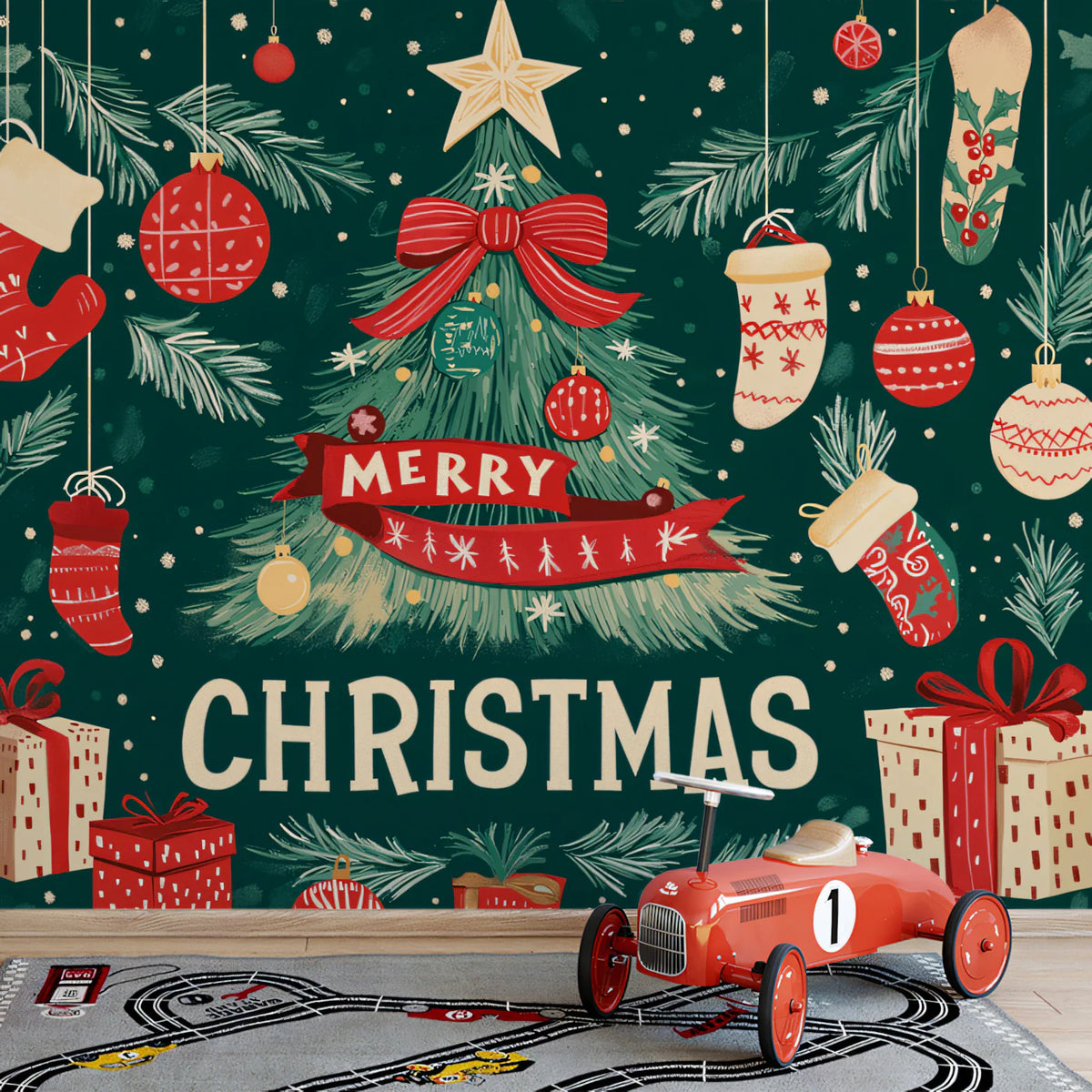 Folk Art Holiday Mural Wallpaper — Festive Green and Red Decor Mural Wallpaper - pure wallpaper artwork