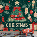 Folk Art Holiday Mural Wallpaper — Festive Green and Red Decor Mural Wallpaper - pure wallpaper artwork