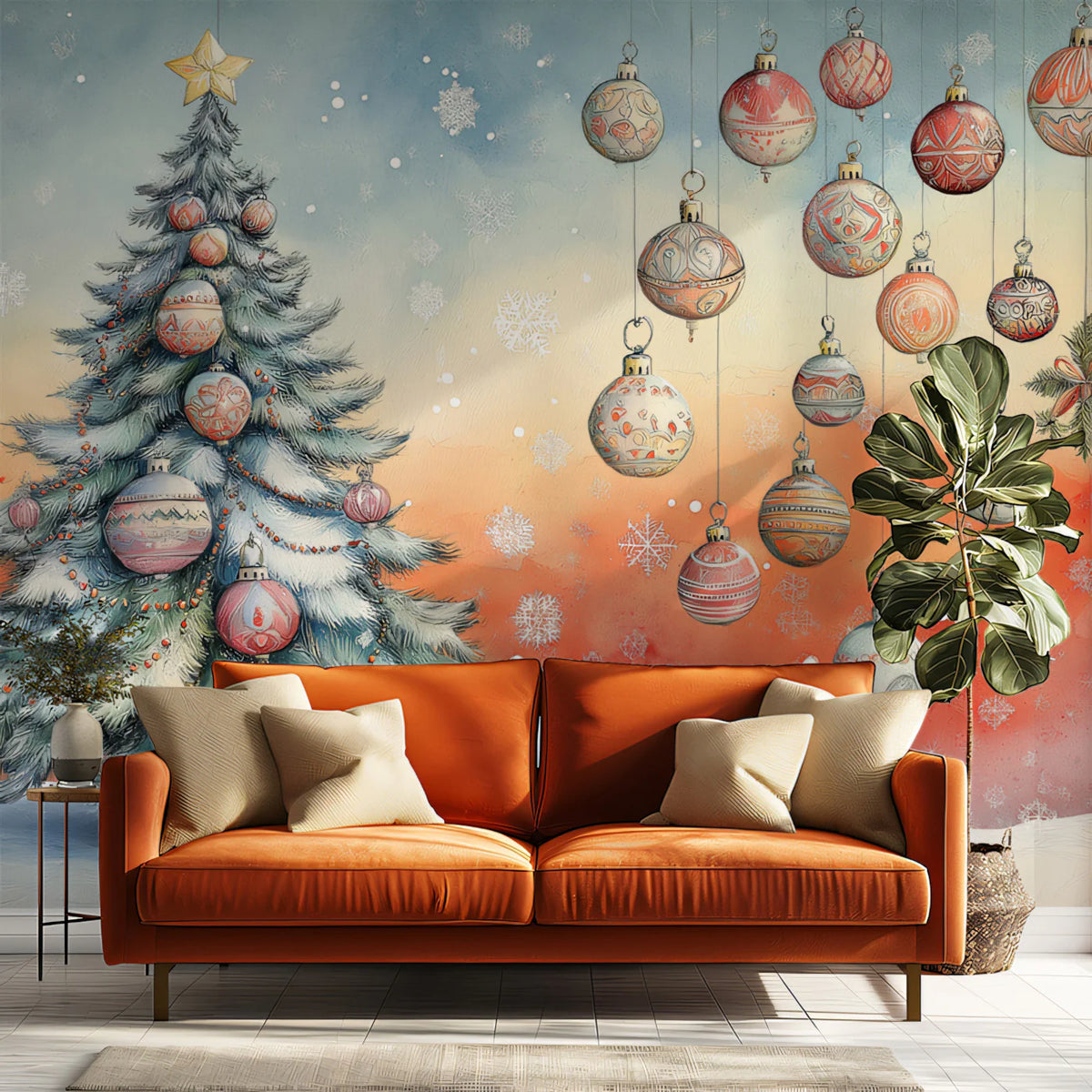 Watercolor Ornament Sky Mural Wallpaper Muted Red, Blue, and Orange Mural Wallpaper - pure wallpaper artwork
