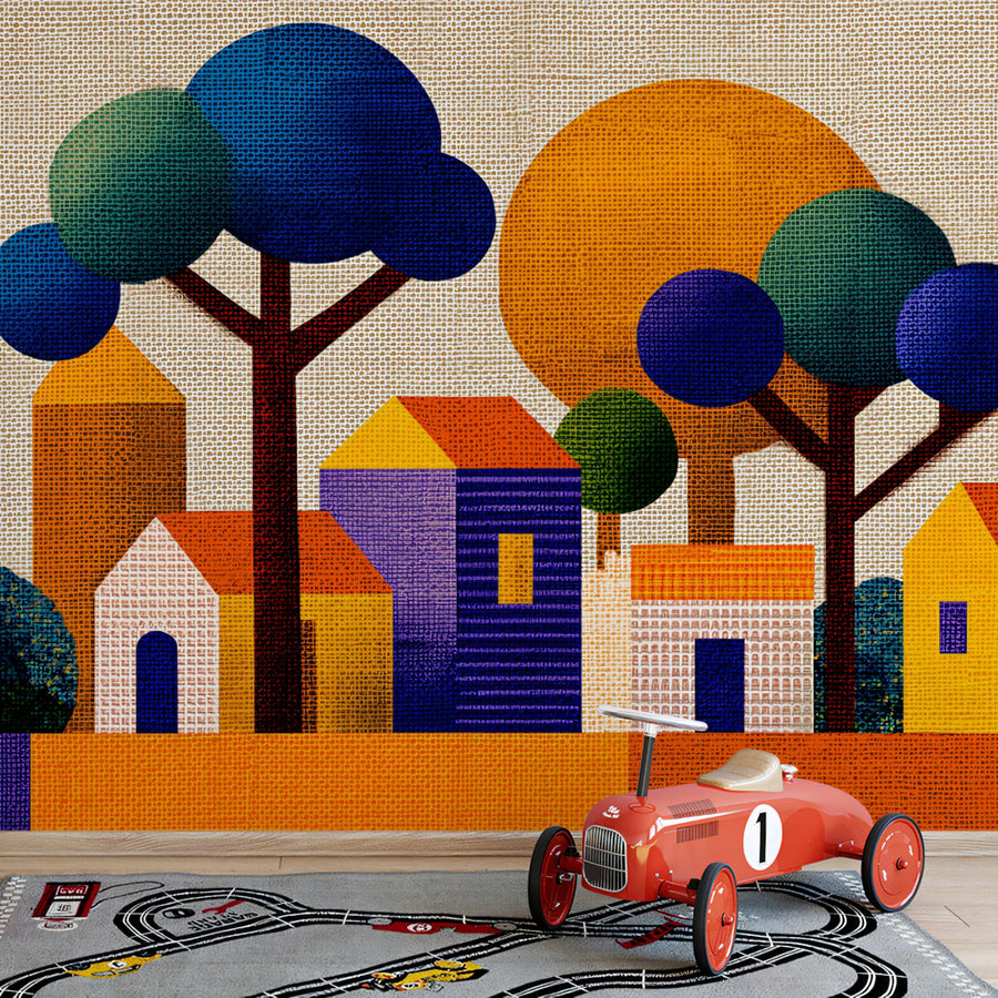 Abstract Village Mural Wallpaper — Whimsical Geometric Motif Mural Wallpaper