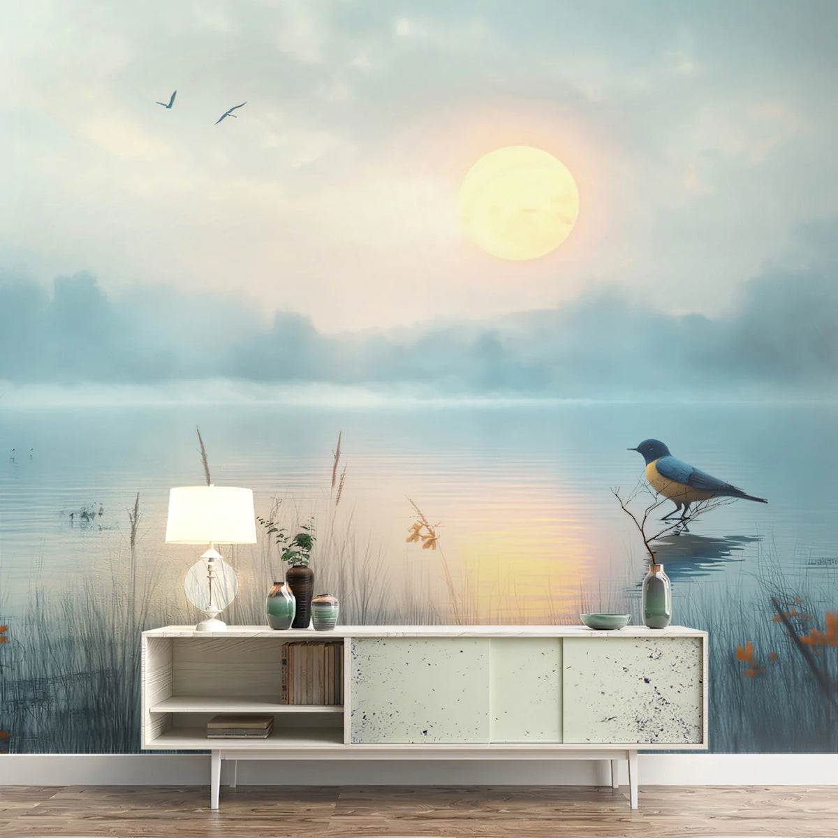 Misty Lake Morning Mural Wallpaper — Soft Impressionistic Landscape Mural Wallpaper - pure wallpaper artwork