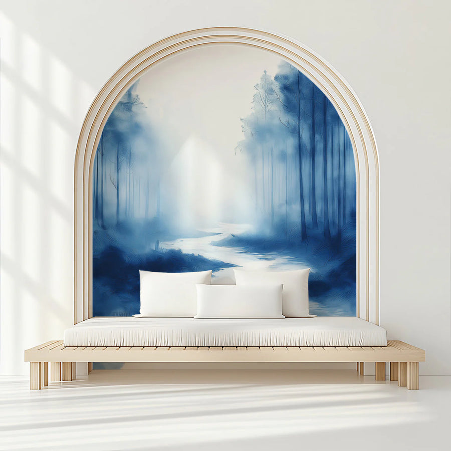 Indigo River Mist Mural Wallpaper — Painterly Forest Scene Mural Wallpaper