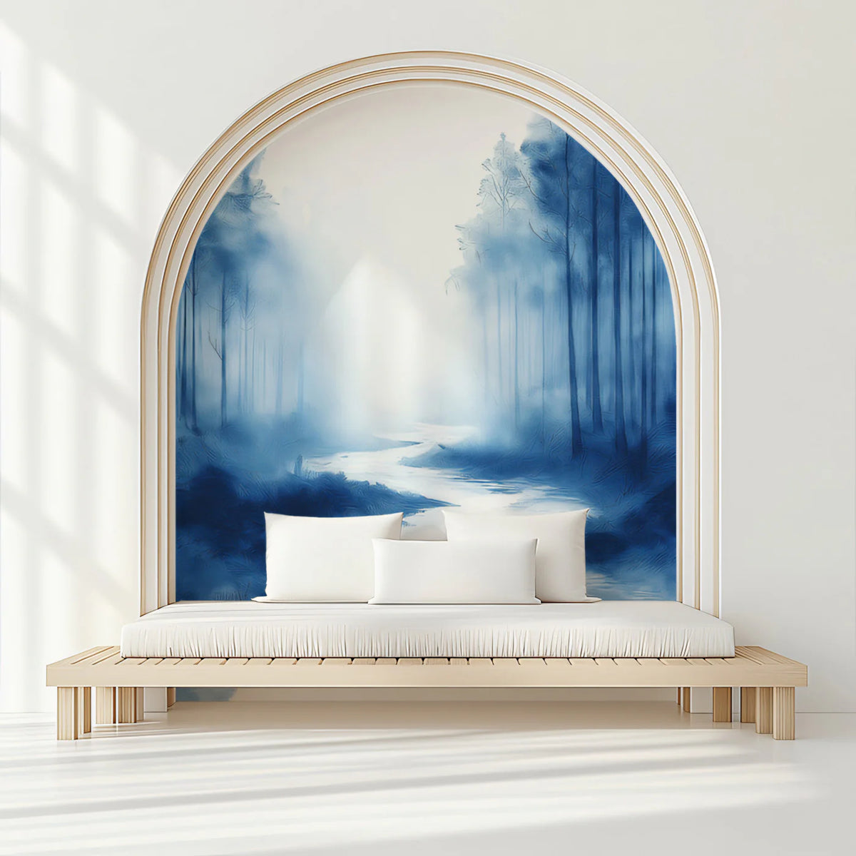 Indigo River Mist Mural Wallpaper — Painterly Forest Scene Mural Wallpaper - pure wallpaper artwork