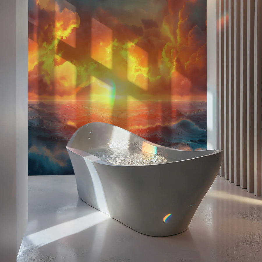 Fiery Ocean Sunset Mural Wallpaper — Dramatic Seascape Design Mural Wallpaper
