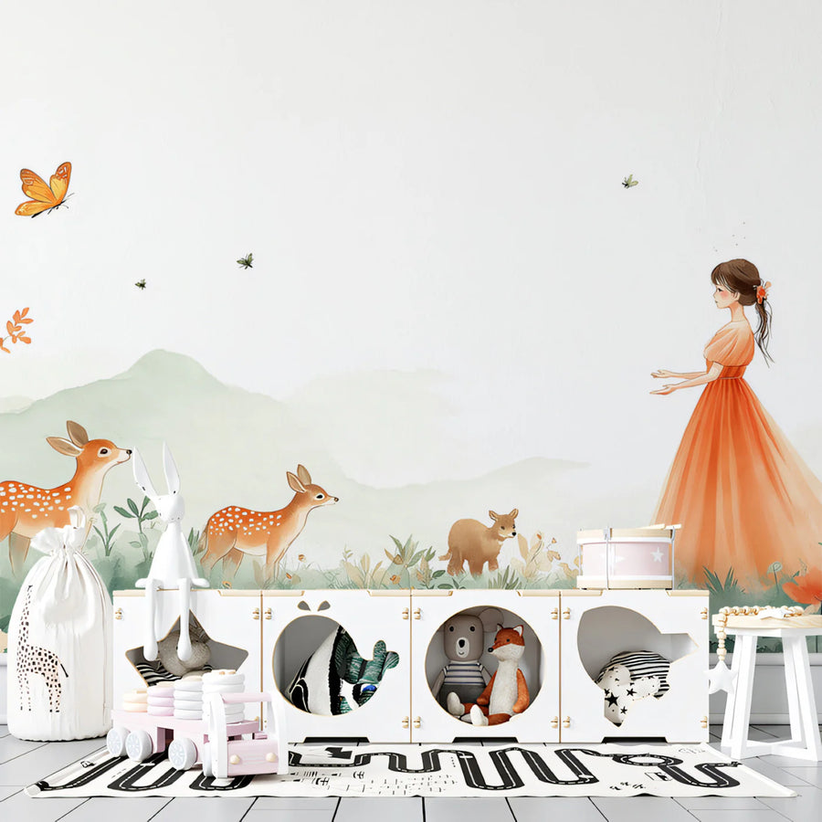 Meadow Princess Illustration Mural Wallpaper — Soft Whimsical Scene Mural Wallpaper