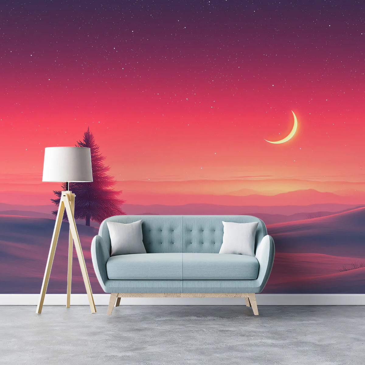 Winter Twilight Pine Mural Wallpaper — Minimalist Landscape Design Mural Wallpaper - pure wallpaper artwork