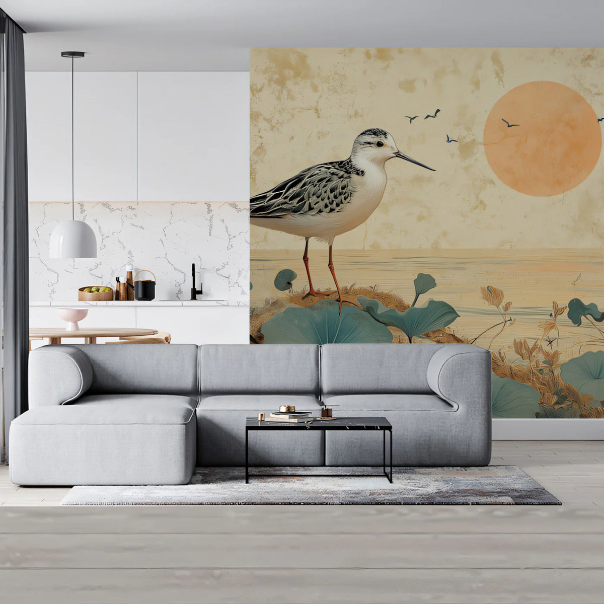 Sandpiper Shore Mural Wallpaper — Japanese Coastal Landscape Mural Wallpaper - pure wallpaper artwork