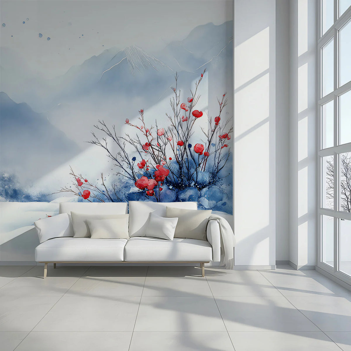 Winter Berry Valley Mural Wallpaper — Watercolor Landscape Mural Wallpaper - pure wallpaper artwork