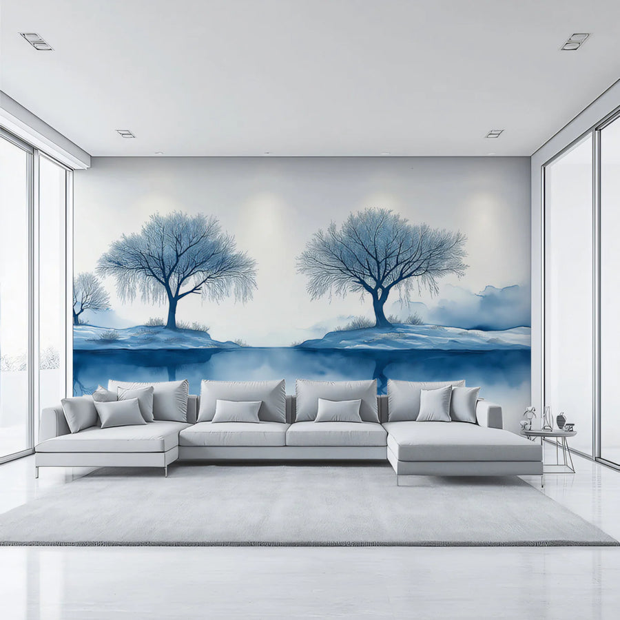 Winter Reflection Mural Wallpaper — Blue and White Landscape Mural Wallpaper