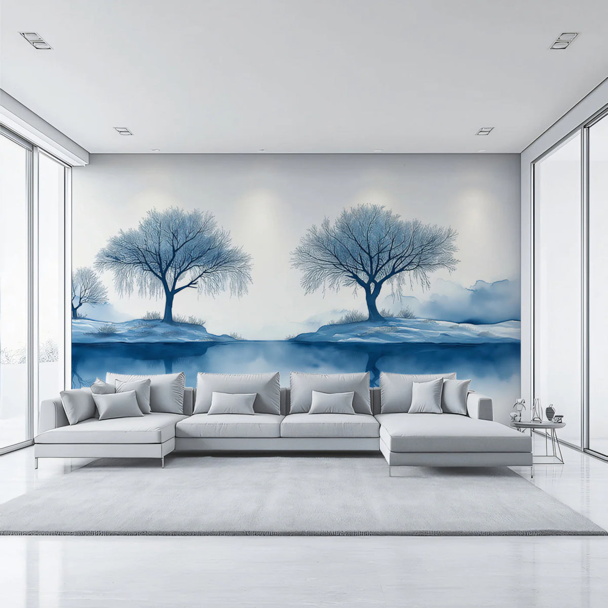Winter Reflection Mural Wallpaper — Blue and White Landscape Mural Wallpaper - pure wallpaper artwork