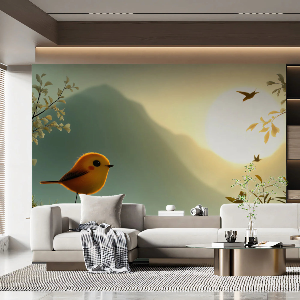 Sunrise Songbird Mural Wallpaper — Soft Whimsical Landscape Mural Wallpaper - pure wallpaper artwork