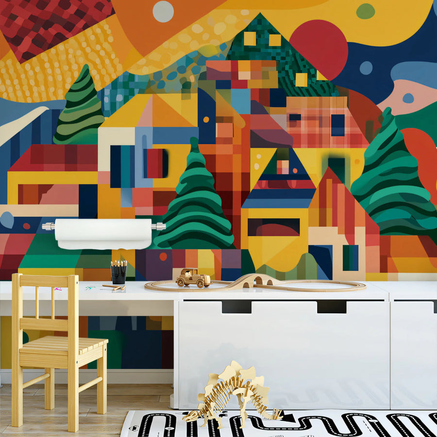 Abstract Hillside Village Mural Wallpaper — Vibrant Cubist Design Mural Wallpaper
