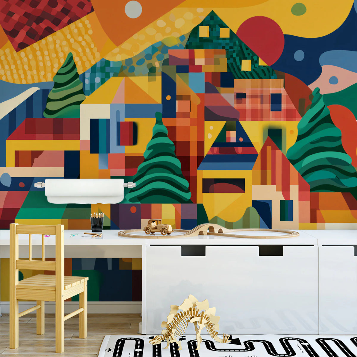 Abstract Hillside Village Mural Wallpaper — Vibrant Cubist Design Mural Wallpaper - pure wallpaper artwork