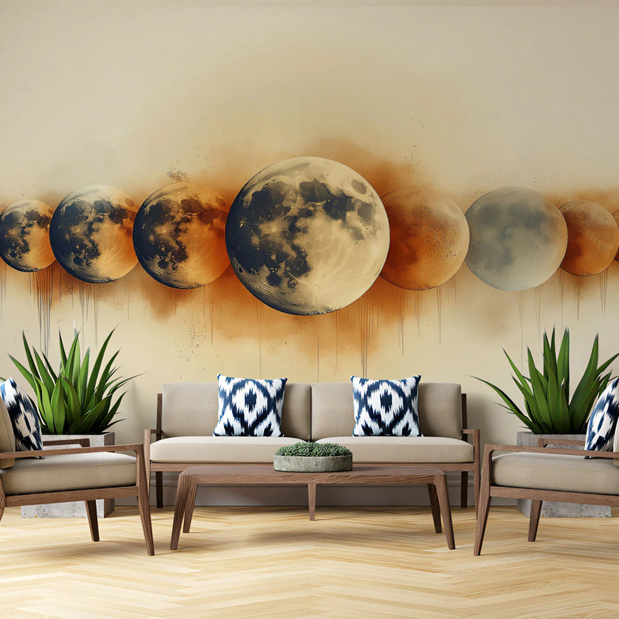 Lunar Cycle Mural Wallpaper — Artistic Ink Drip Design Mural Wallpaper